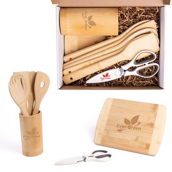 Bamboo Kitchen Essentials Gift Set With Charcuterie Board & Utensils - Laser-Engraved Personalization Available from Positive Promotions