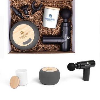 Tune Out Gift Set With Massage Gun, Bamboo Wireless Speaker, & Candle - Personalization Available from Positive Promotions