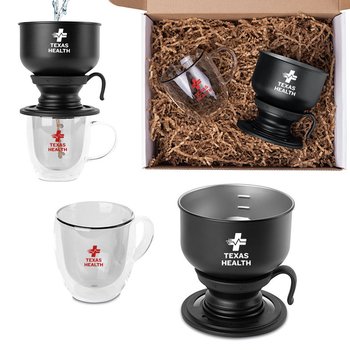 Stainless-Steel Pour-Over Drip Coffee Maker & Glass Mug Gift Set - One-Color Personalization Available from Positive Promotions
