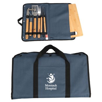 Bamboo BBQ Grilling Set With Bamboo Board 6-Piece Set in Carry Case - One-Color Personalization Available from Positive Promotions