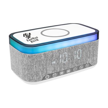 4-in-1 Light-Up Alarm Clock, Qi Wireless Charger, Speaker, & Noise Machine - One-Color Personalization Available from Positive Promotions
