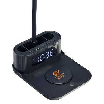 4-in-1 Desk Lamp, Wireless Charger, Pen Holder, & Alarm Clock 15W - One-Color Personalization Available from Positive Promotions