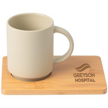 Matte Ceramic Mug 11 oz. & Bamboo Coaster Board Set - Laser-Engraved Personalization Available from Positive Promotions