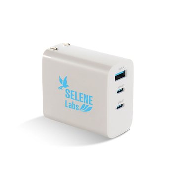 GaN Gallium Nitride Fast-Charge Tri-Port USB Wall Adapter 65W - One-Color Personalization Available from Positive Promotions