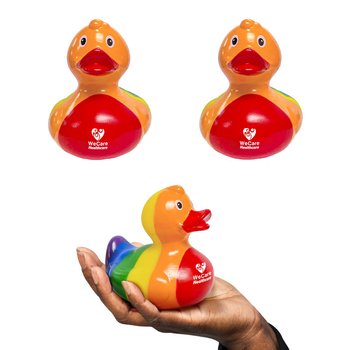 Rainbow-Striped Rubber Duck - One-Color Personalization Available from Positive Promotions