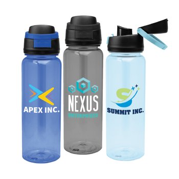 Recycled rPET Push-Button Pop Lid Bottle 32 oz. - One-Color Personalization Available from Positive Promotions