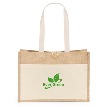 Natural Jute Tote Bag With Cotton Twill Handles & Button Loop Closure 12