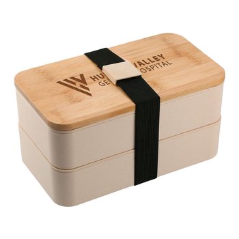 Bamboo Fiber Stacking Bento Box Food Containers Set With Built-In Utensils - Laser-Engraved Personalization Available from Positive Promotions