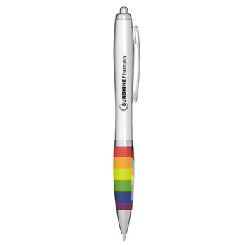 Pride Rainbow-Striped Ballpoint Curve Plastic Pen - One-Color Personalization Available from Positive Promotions
