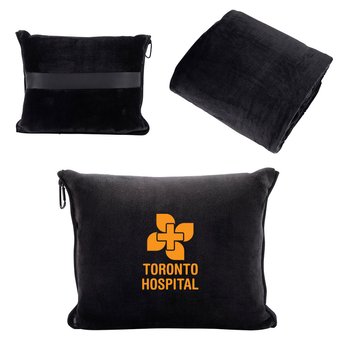 Plush Travel Blanket With Attached Hood & Pillow Case - One-Color Personalization Available from Positive Promotions