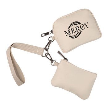 Recycled Dual Zippered Pouches With Lanyard - One-Color Personalization Available from Positive Promotions