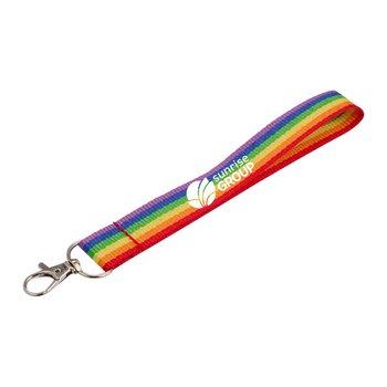 Recycled Rainbow Stripe Pride Wrist Lanyard - One-Color Personalization Available from Positive Promotions