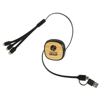 3-in-1 Retractable Bamboo Charging Cables Type C - One-Color Personalization Available from Positive Promotions