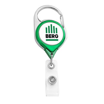 Round Chrome Badge Reel With Carabiner Clip - Full-Color Personalization Available from Positive Promotions