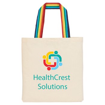 Rainbow Pride Recycled Cotton Tote Bag With Striped Straps - Full-Color Personalization Available from Positive Promotions