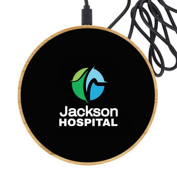 Qi Fast Charging Pad with Bamboo Case & Light-Up Logo 15W - Personalization Available from Positive Promotions