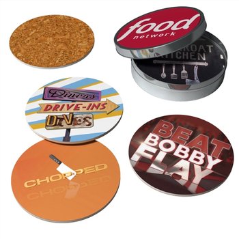 USA-Made Acrylic & Cork Coasters in Tin - Full-Color Personalization Available from Positive Promotions