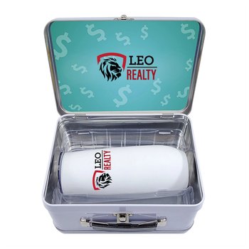 Retro Metal Lunch Box & Stainless-Steel Champagne Flute 14 oz. Gift Set - Full-Color Personalization Available from Positive Promotions
