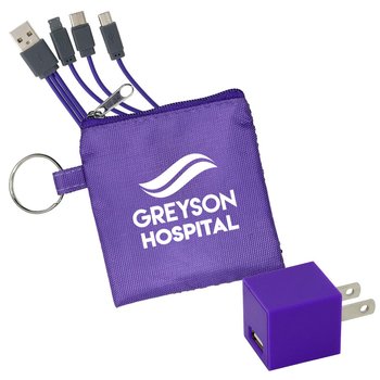 Square USB Wall Charger & Cables Set - One-Color Personalization Available from Positive Promotions