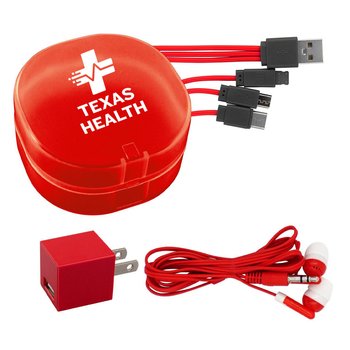 Round USB Wall Charger, Cables, & Earbuds Kit - One-Color Personalization Available from Positive Promotions