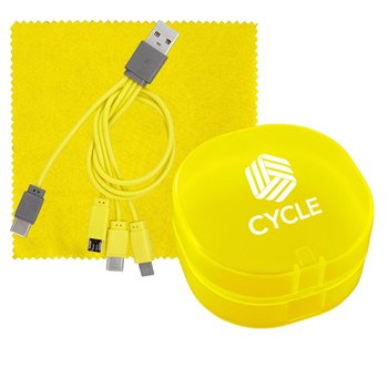 Multi-Charging Cables With Type C & Cleaning Cloth in Round Plastic Case - One-Color Personalization Available from Positive Promotions