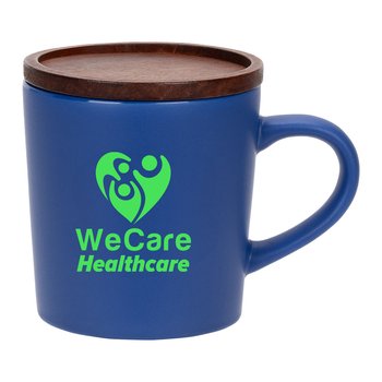 Stoneware Ceramic Mug 16 oz. With Wooden Lid - One-Color Personalization Available from Positive Promotions