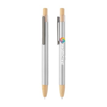 Silver Recycled Stainless-Steel Pen With Bamboo Accents - Full-Color Personalization Available from Positive Promotions