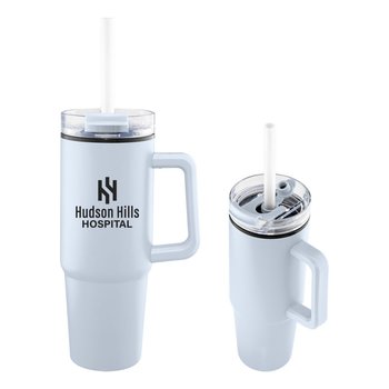 Recycled Stainless-Steel & Plastic-Lined Tumbler Mug 30 oz. With Handle & Straw - One-Color Personalization Available from Positive Promotions