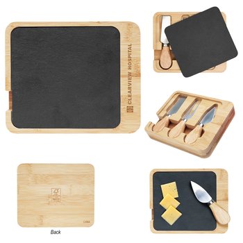 Bamboo Charcuterie Board & Utensils With Slate Cover - Laser-Engraved Personalization Available from Positive Promotions