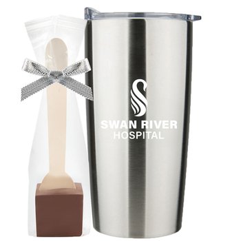 Stainless-Steel Tumbler 20 oz. & Milk Chocolate Hot Cocoa Spoon Gift Set - One-Color Personalization Available from Positive Promotions