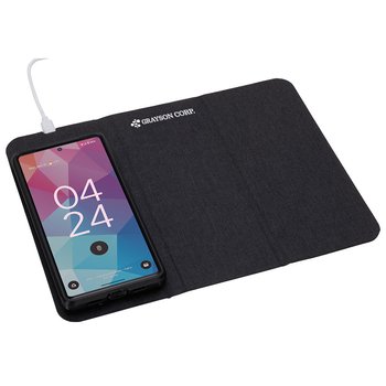 Recycled 3-in-1 Mouse Pad, Wireless Charger, & Folding Phone Stand 15W - One-Color Personalization Available from Positive Promotions