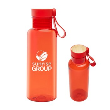 Recycled rPET Bottle 20 oz. With Bamboo Accent Lid & Silicone Easy-Carry Handle - One-Color Personalization Available from Positive Promotions