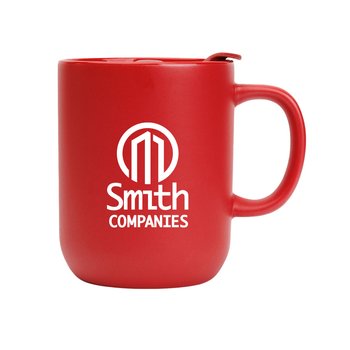 Tone-on-Tone Ceramic Mug 14 oz. With Spill-Proof Lid - One-Color Personalization Available from Positive Promotions