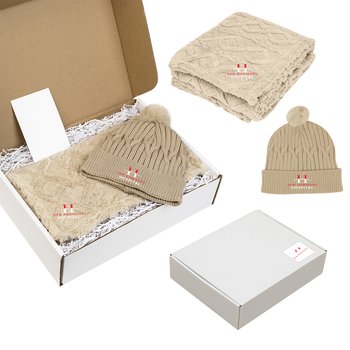 Eco Recycled rPET Pom Pom Beanie & Sherpa Blanket Gift Set - Embroidered Personalization Available from Positive Promotions