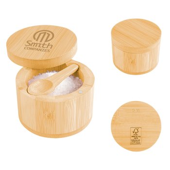 Bamboo Container With Magnetic Swivel Lid & Spoon - Laser-Engraved Personalization Available from Positive Promotions