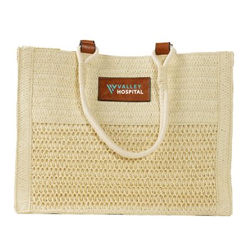 Lattice Woven Straw Beach Tote With Faux Leather Details - Full-Color Personalization Available from Positive Promotions