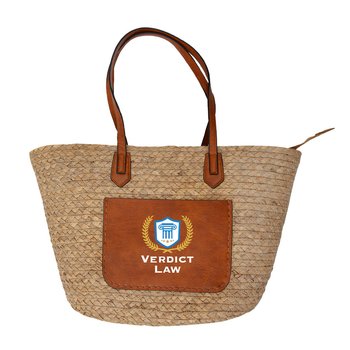 Hand-Woven Natural Straw Bag With Faux-Leather Details - Full-Color Personalization Available from Positive Promotions