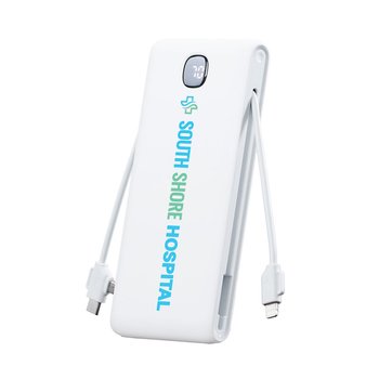 Max Charge Power Bank With Built-In Cables & Retractable Wall Plug 10,000 mAh - Full-Color Personalization Available from Positive Promotions
