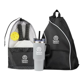 Pickleball Kit With Backpack, 3-Piece Pickleball Set, & 40-oz. Stainless-Steel Tumbler With Handle - One-Color Personalization Available from Positive Promotions