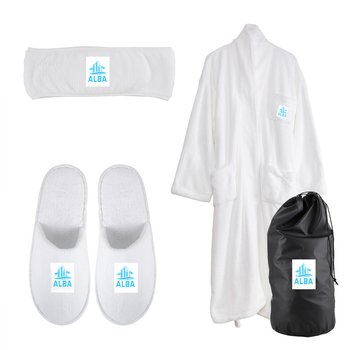 Comfort Bathrobe, Head Wrap, and Slippers in Bag - 3 Pieces - Personalization Available from Positive Promotions
