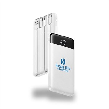 Digital Display Power Bank With Built-In Cables (USB A, Micro USB, Type C, & Lightning) 10,000 mAh - One-Color Personalization Available from Positive Promotions