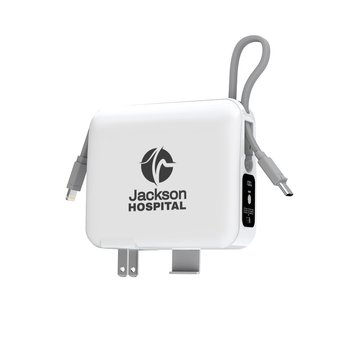 Multi-Function Super-Fast Charging Power Bank Hub With Wall Plug & Built-In Type-C & USB Cable Input - One-Color Personalization Available from Positive Promotions