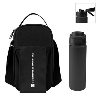 Recycled Sling 4 Can Cooler Bag & Recycled Push-Button Pop Lid Waterbottle 24 oz. Combo Set from Positive Promotions