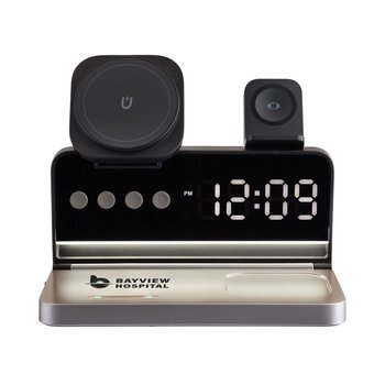 3-in-1 Multi-Device MagSafe Wireless Qi Charging Station Desk Stand with Digital Alarm Clock from Positive Promotions