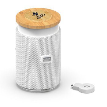6-in-1 Bamboo Wireless Speaker, Phone/Watch Charging Station, Sound Machine, Night Light With Storage Compartment - Full-Color Personalization Available from Positive Promotions