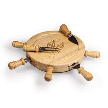 Bamboo Ship Wheel Shaped Rotating Lazy Susan Charcuterie Cheese Cutting Board & Utensils Set - 5 PCS from Positive Promotions