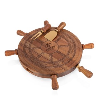 Acacia Wood & Gold Ship Wheel Shaped Rotating Lazy Susan Charcuterie Cheese Cutting Board & Utensils from Positive Promotions