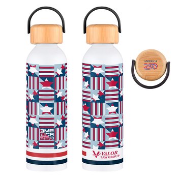 Patriotic Recycled America 250 USA Stars & Stripes Stainless-Steel Water Bottle 24 oz. With Bamboo Lid - One-Color Personalization Available from Positive Promotions