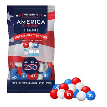 Patriotic America 250 USA Milk Chocolate Red, White, & Blue M&M's® in Bag 1 oz. - Full-Color Personalization Available from Positive Promotions