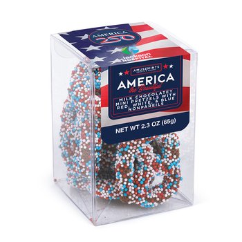 Patriotic America 250 USA Milk Chocolate Red, White, & Blue Nonpareil Mini Pretzels in Acetate Box 2.3 oz. - Full-Color Personalization Available from Positive Promotions